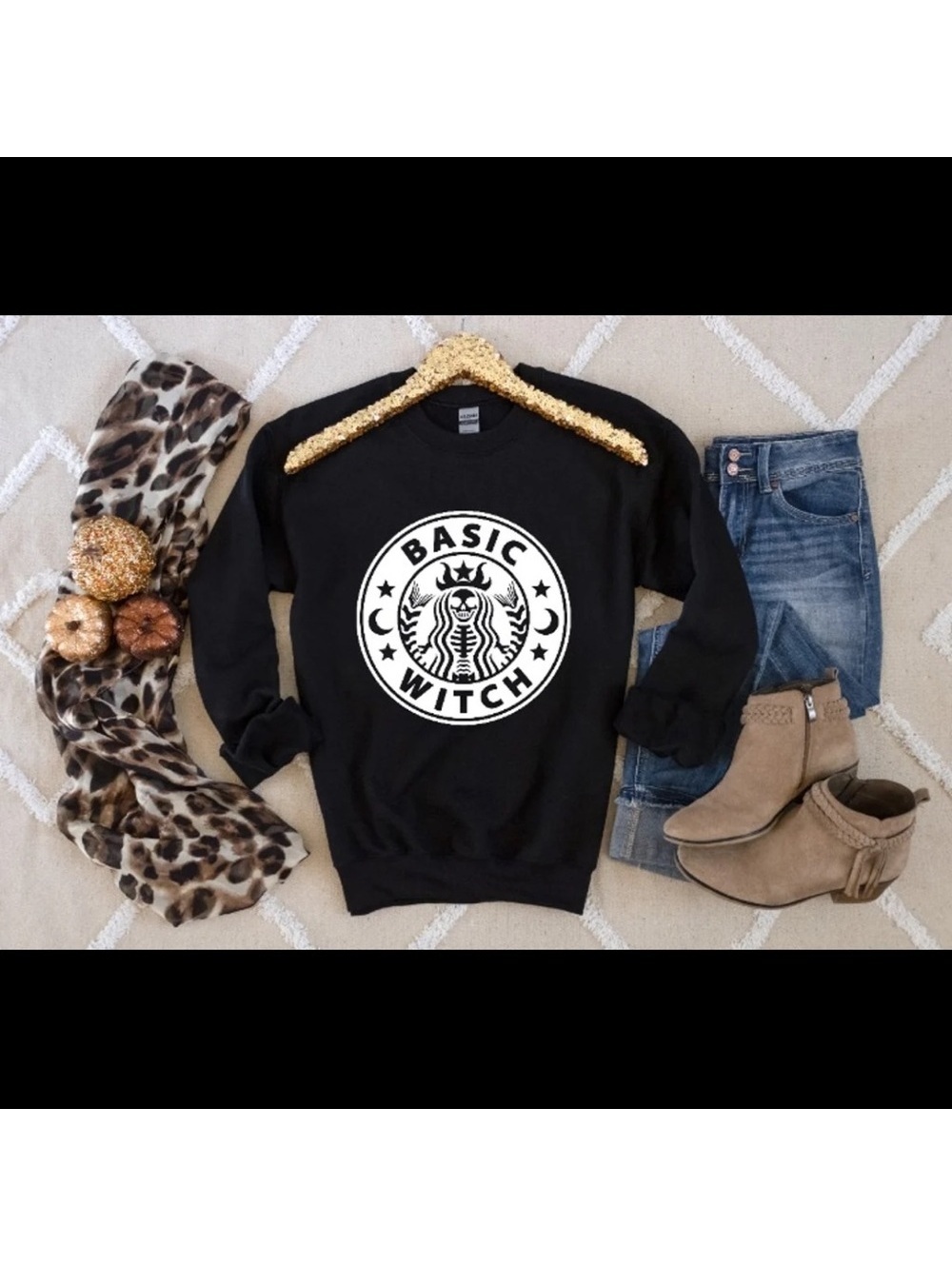 🎃 Basic Witch Halloween Starbucks Inspired Crewneck Sweatshirt Black